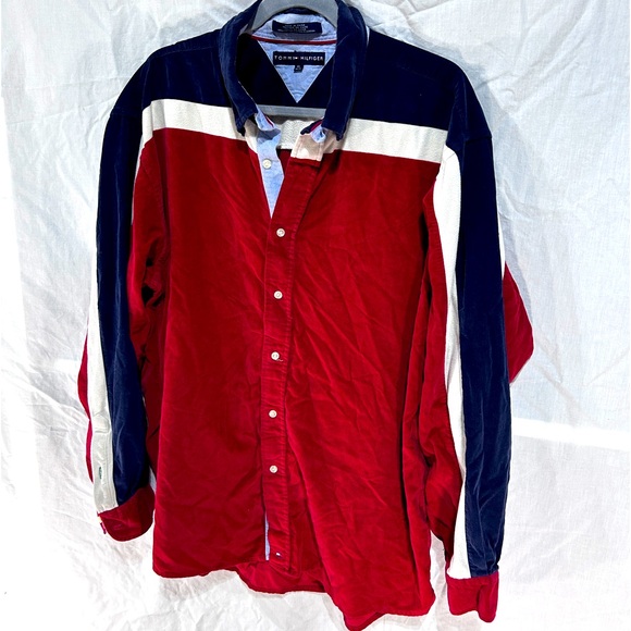 Tommy Hilfiger Other - Vintage Tommy Hilfiger Corduroy Shirt Men’s Long Sleeve Y2K Red White Blue XL